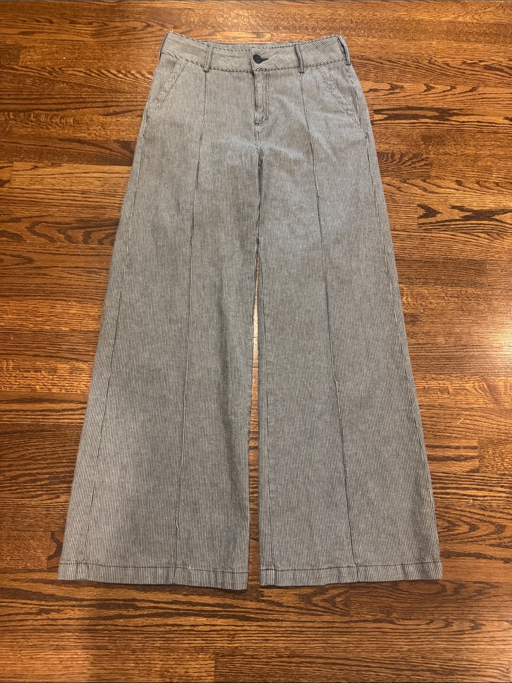 Wrap London Cotton/Linen Blend Wide Leg Pants in Size 8 in Navy Vertical Stripe